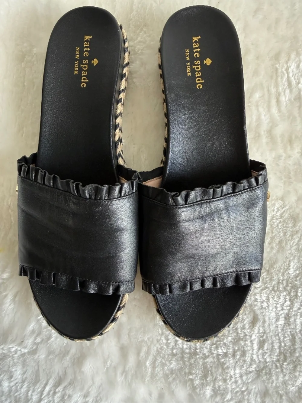 Kate Spade Zahara Black Leather Ruffle Espadrille Slide Sandals Size 9